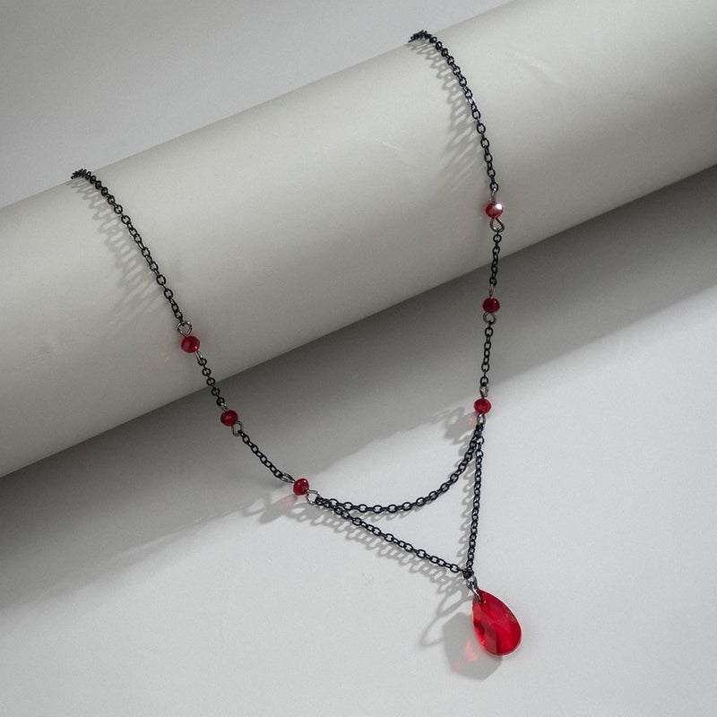 Cicod Gothic Y Necklace,Goth Black Red Crystal Bead Teardrop Necklace,Punk Y Necklace,Halloween Christmas New Year Jewelry Vampire Accessories for Women - Image 3